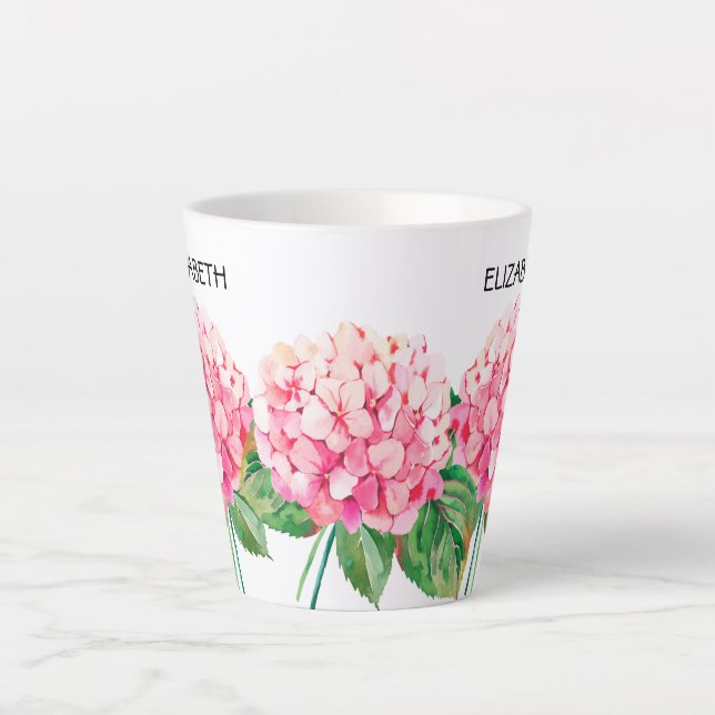 Tasse Latte NOM et aquarelle Hydrangea Floral rose (Devant)