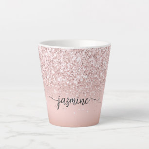 Tasse Latte Nom Monogramme Pailleté Rose Or Élégant