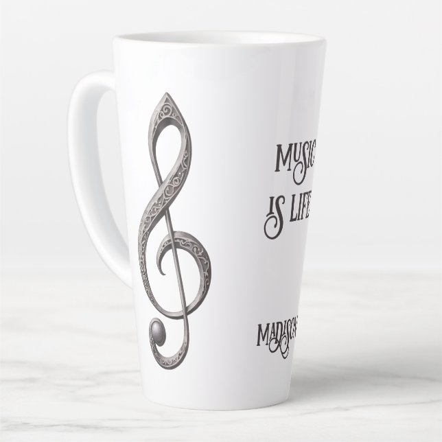 Tasse Latte Nom personnalisé et texte - Note de clic musicale (Angle gauche)