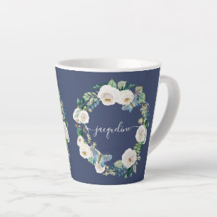 Tasse Latte Nom personnalisé Watercolor Navy Floral Butterfly