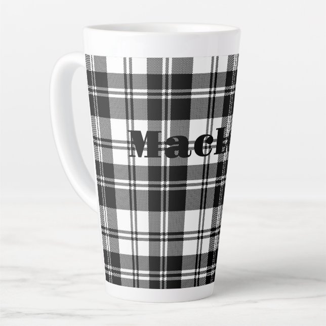 Tasse Latte Nom simple du monogramme noir et blanc de Tartan | (Angle gauche)