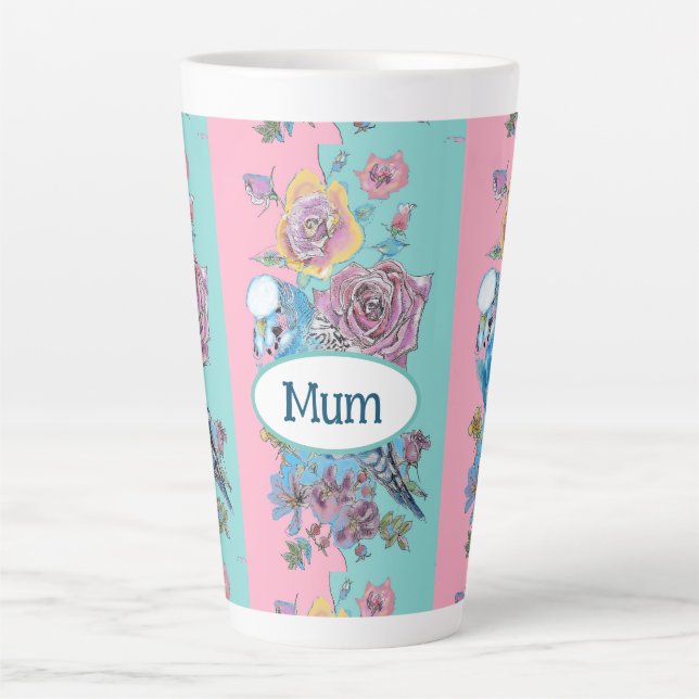 Tasse Latte Oiseau Budgie bleu Rose florale Rose Aqua Fête des (Devant)