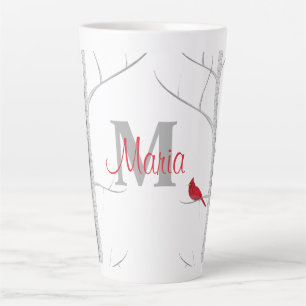 Tasse Latte Oiseau d'hiver Rouge Arbre des bois Monogramme rus