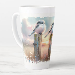 Tasse Latte Oiseaux à l'aquarelle pastel sur une clôture au co