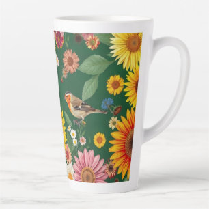 Tasse Latte Oiseaux Et Fleurs Arrière - plans Vert Foncé