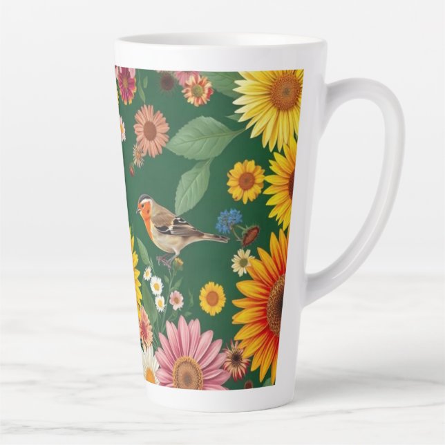 Tasse Latte Oiseaux Et Fleurs Arrière - plans Vert Foncé (Droite)