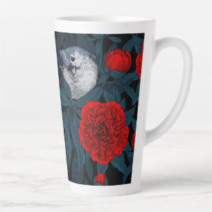 Tasse Latte Oiseaux et fleurs de pivoines rouges avec feuilles