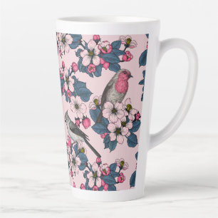 Tasse Latte Oiseaux et fleurs roses