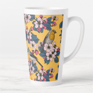 Tasse Latte Oiseaux et fleurs sur le jaune