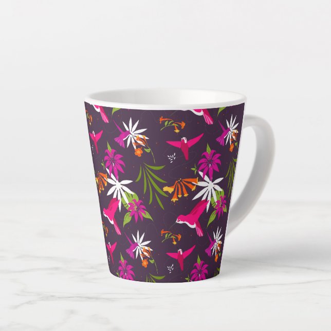 Tasse Latte Oiseaux tropicaux mignons violets roses (Angle droit)