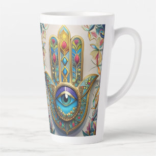 Tasse Latte Or Coloré Filigrane Hamsa Bleu-vert Troisième Œil