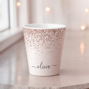 Tasse Latte Or Rose Gold - Monogramme Nom Paillettes Rose Blus