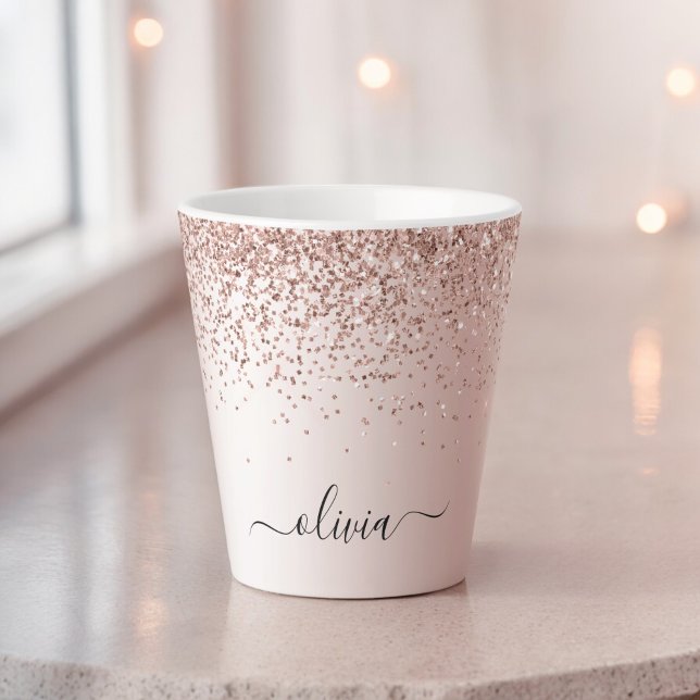 Tasse Latte Or rose - Monogramme en métal pailleté rose blush (Créateur téléchargé)