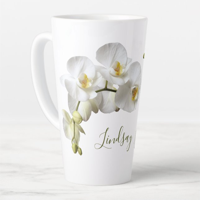 Tasse Latte Orchidées blanches Nom Modèle Élégant Cadeau Latte (Angle gauche)