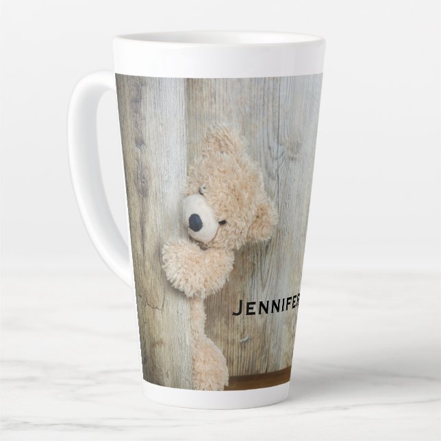 Tasse Latte Ours Cute Stuffé Mur Rustique En Bois (Angle gauche)