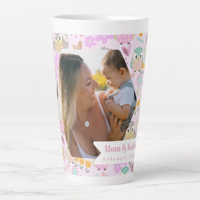 Tasse Latte Owl Pastel Pink Photo (Devant)
