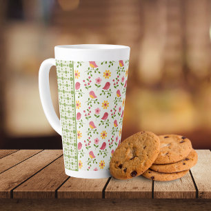 Tasse Latte Panneau Retro Pink Spring Birds
