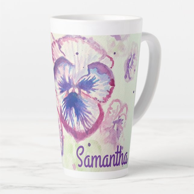 Tasse Latte Pansies Pansy Fleurs Violettes Fleurs Florales Ros (Angle droit)