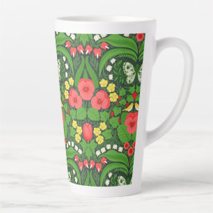 Tasse Latte Pansies rouges, oiseaux et papillons