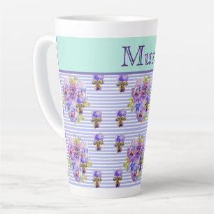 Tasse Latte Pansy Flower Aqua Stripe florale Mum Mothers Day C