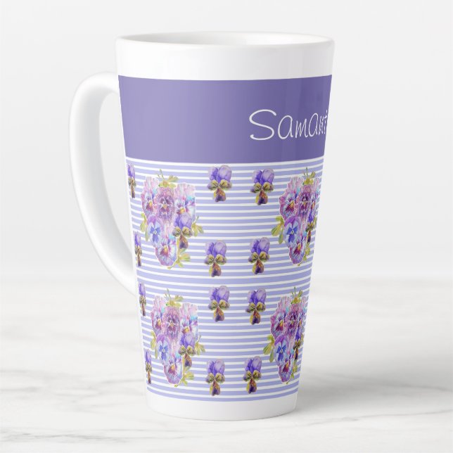 Tasse Latte Pansy Flower Purple Stripe floral personnalisable (Angle gauche)