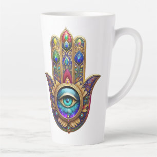 Tasse Latte Paon Doré Couleurs Hamsa Saphir Troisième Œil