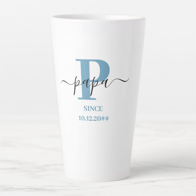 Tasse Latte Papa Élégant Script Monogramme Bleu Blanc Latte Mu (Devant)