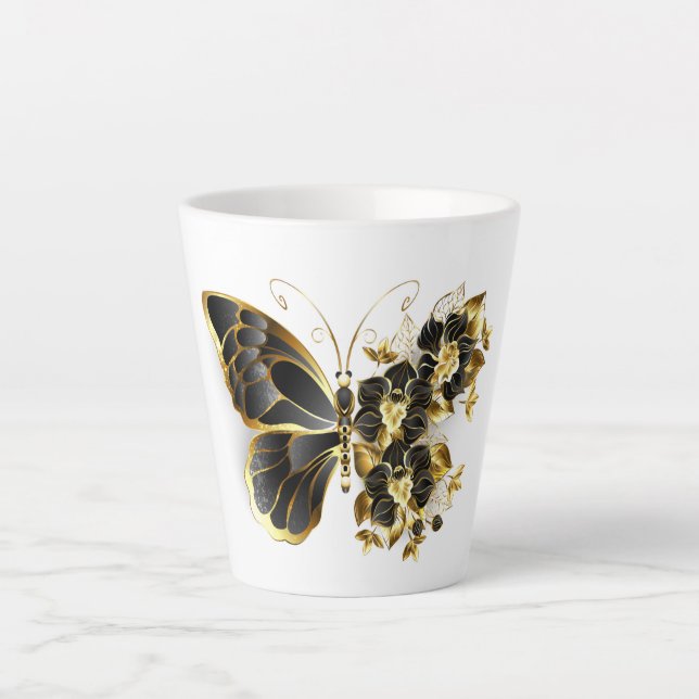 Tasse Latte Papillon à fleurs d'or avec orchidée noire (Devant)