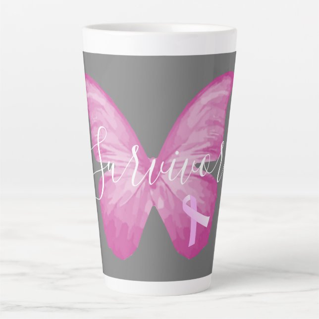 Tasse Latte Papillon rose Cancer du sein Survivant (Devant)