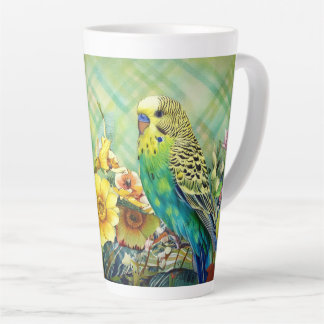 Tasse Latte Parakeet mignonne et Fleurs sauvages sur Arrière -