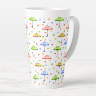 Tasse Latte Parapluies colorées à l'aquarelle et Coeurs tomb