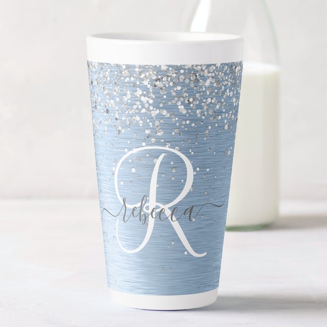 Tasse Latte Parties scintillant en argent brossé bleu Nom du m (Créateur téléchargé)