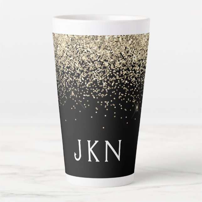 Tasse Latte Parties scintillant Noir Or Monogramme Initiales F (Devant)