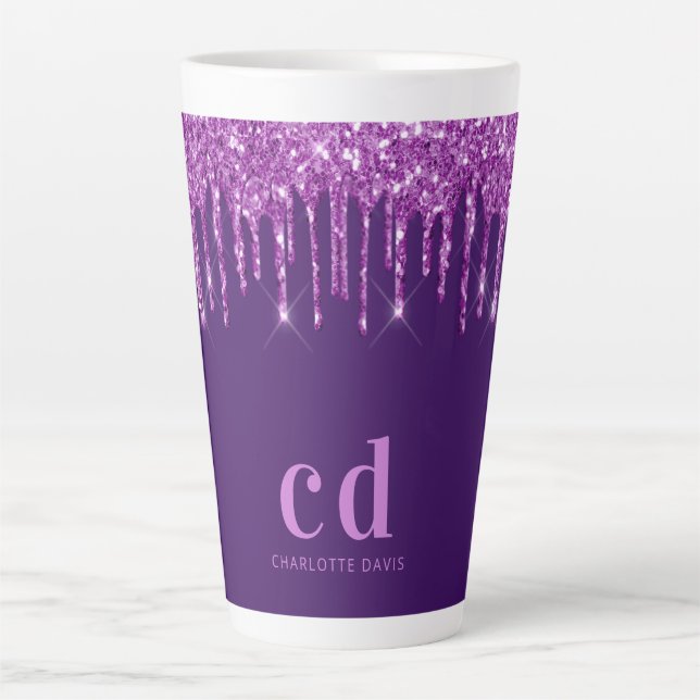 Tasse Latte Parties scintillant violet gouttes monogramme nom  (Devant)