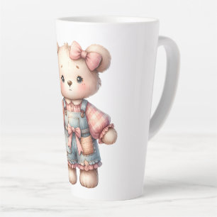 Tasse Latte Pastel Teddy Bear Holding Flower Wear Overalls