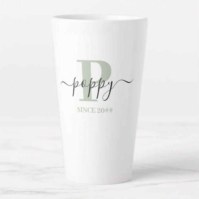 Tasse Latte Pavot Élégant Script Monogramme Vert Argent (Devant)