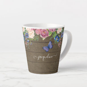 Tasse Latte Pays rustique Aquarelle Floral Bourgogne Navy
