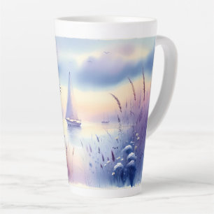 Tasse Latte Paysage côtier de voilier pastel