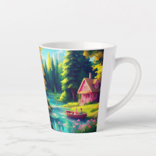 Tasse Latte Paysage Naturel Avec Cottage Rose
