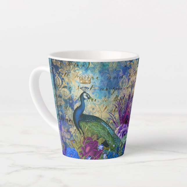 Tasse Latte Peacock tendance Blue Bird Feathes Fleurs (Angle gauche)