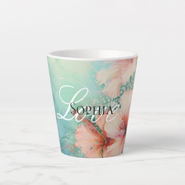 Tasse Latte Pêche tropicale Hibiscus blanc Amour floral (Devant)