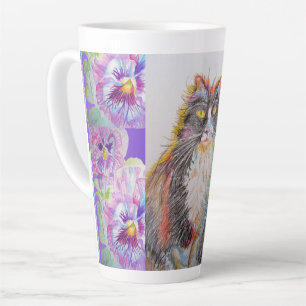 Tasse Latte Peint à la main Purple Tuxedo Chat floral Latte Mu