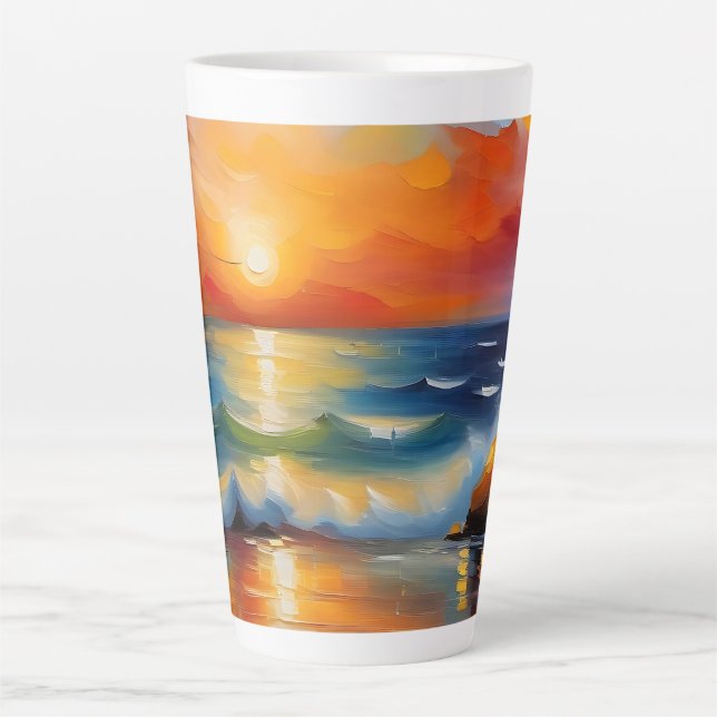 Tasse Latte Peinture à l'huile de couché de soleil orange sur  (Devant)