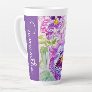 Tasse Latte Pensée Violette Fleur Aquarelle Nom de Femme Pensé