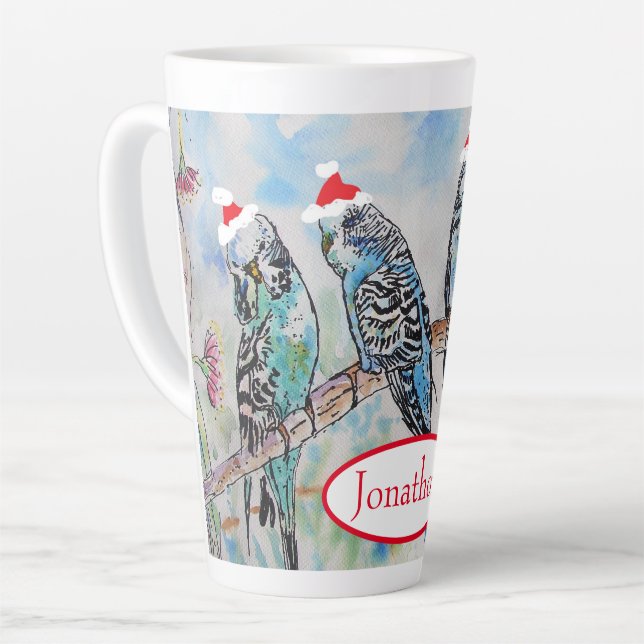 Tasse Latte père Noël Budgie Noël aquarelle peinture oiseau (Angle gauche)