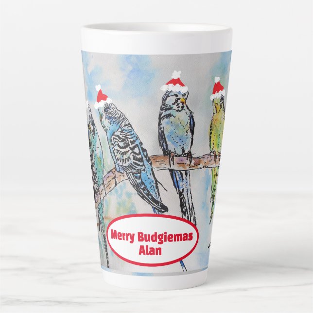 Tasse Latte Père Noël Budgie Noël aquarelle peinture oiseau (Devant)
