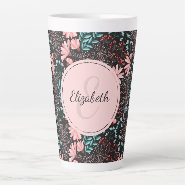 Tasse Latte Personnalisé rose et Turquoise floral foncé (Devant)