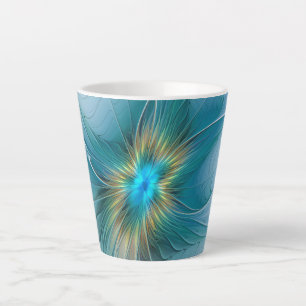 Tasse Latte Petite Beauté Moderne Fleur d'Art Fractal Bleu Or
