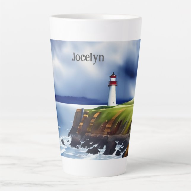 Tasse Latte Phare sur les falaises Aquarelle Personnalisée (Devant)