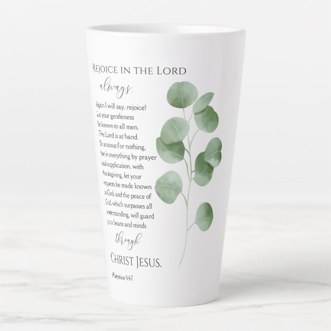 Tasse Latte Philippiens 4:4-7 Versets bibliques Eucalyptus Feu (Devant)